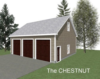 3 Car Garage Plans : 36 x 28, 12' Wall, 9/12 Pitch, Studio Above with Materials List - ( Digital Download )