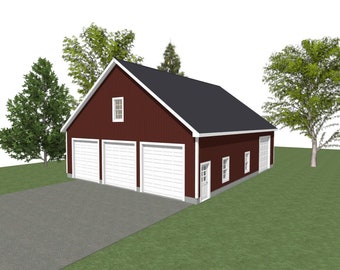 3 Car Garage Plans : 40 x 50, 12' Wall, 9/12 Pitch, Studio Above with Materials List - ( Digital Download )