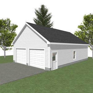 May include: A white two-car garage with a gray roof and a single white door on the side. The garage is surrounded by green grass and trees.