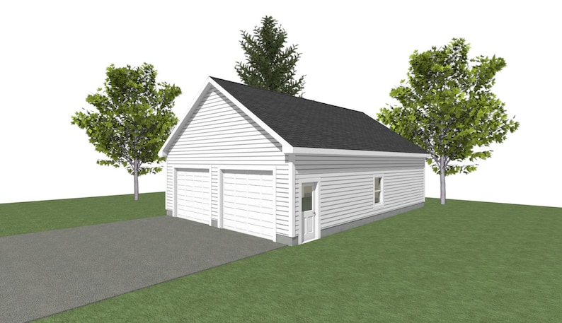 May include: A white two-car garage with a gray roof and a single white door on the side. The garage is surrounded by green grass and trees.