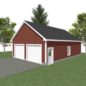 May include: A red two-car garage with white trim and a white door on the side. The garage has a black roof and is surrounded by green grass and trees.