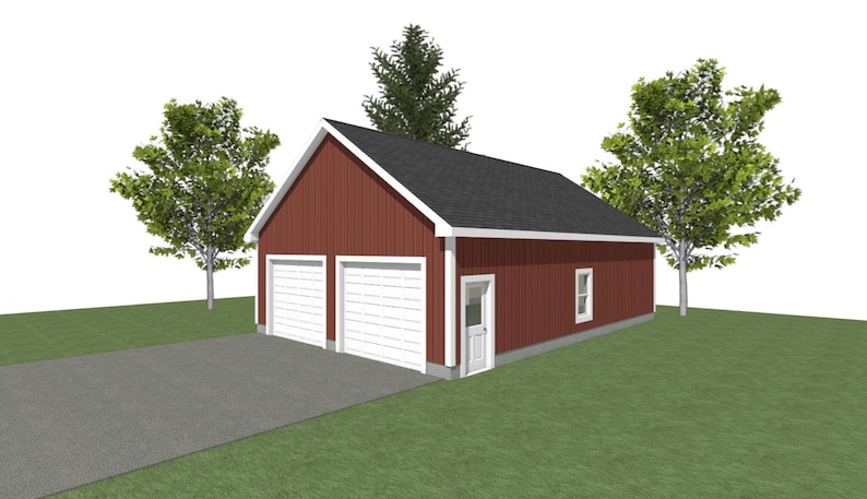 May include: A red two-car garage with white trim and a white door on the side. The garage has a black roof and is surrounded by green grass and trees.