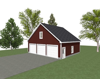 3 Car Garage Plans : 36 x 30, 10' Wall, 9/12 Pitch, Storage Above with Materials List = ( Digital Download )