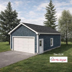 May include: A detached garage with blue shingle siding, a white sectional garage door, a white side entry door, and a white window. The structure features a dark roof and is labeled with the text The ELM and Get My Garage .COM.
