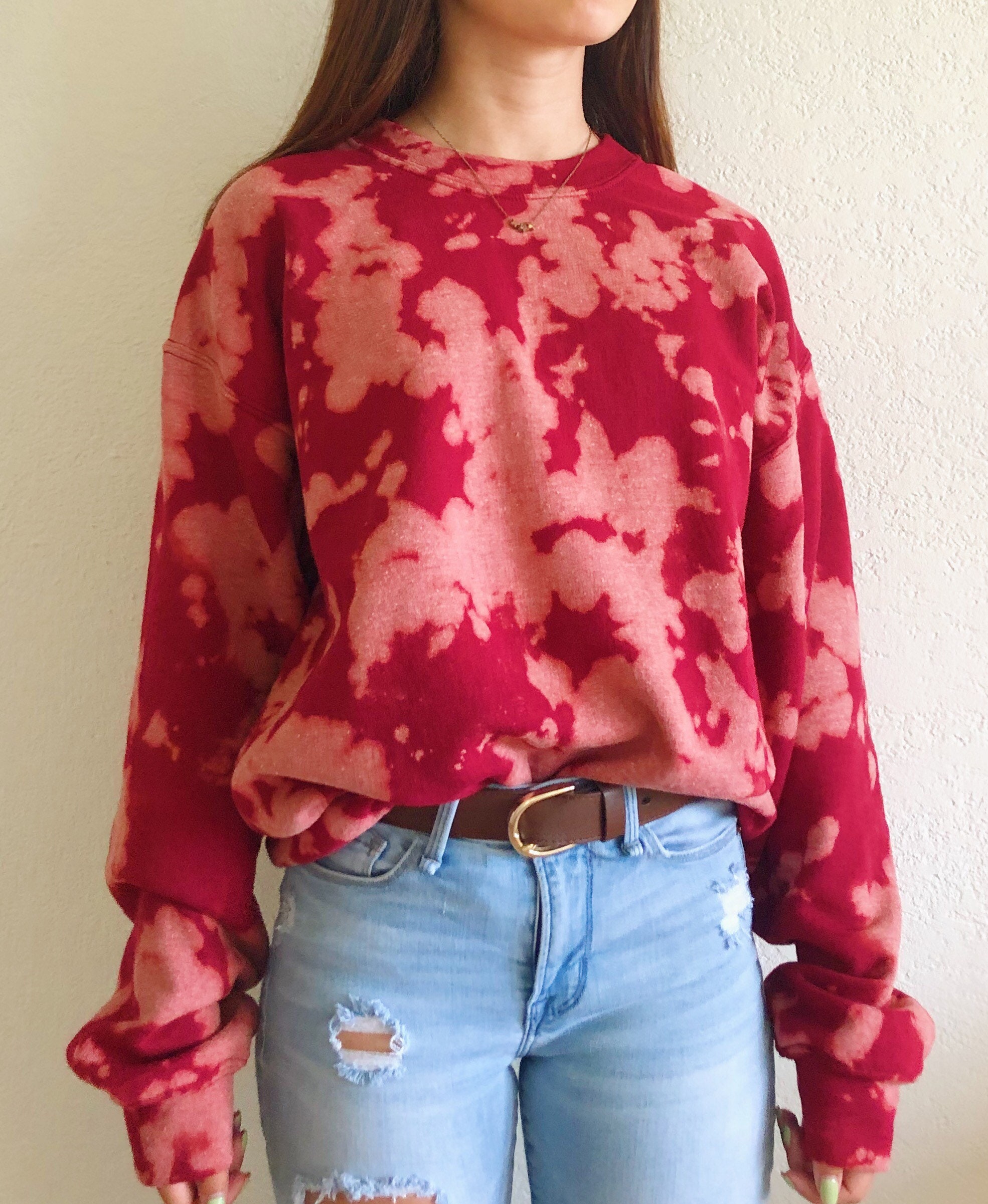 red bleach dye sweatshirt
