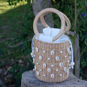 Perlenperlentasche, Perleneimer-Strohtasche, Eimertasche, Vintage-Holztasche, Strandgeschenke, Strandurlaub, Geschenk für Strandliebhaber, Muscheltasche