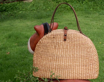 Woven Seagrass Picnic Tote with Leather Handles