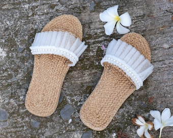 Water Hyacinth Wedding Sandals: Pearl & Tassel Beach Bridal Slippers