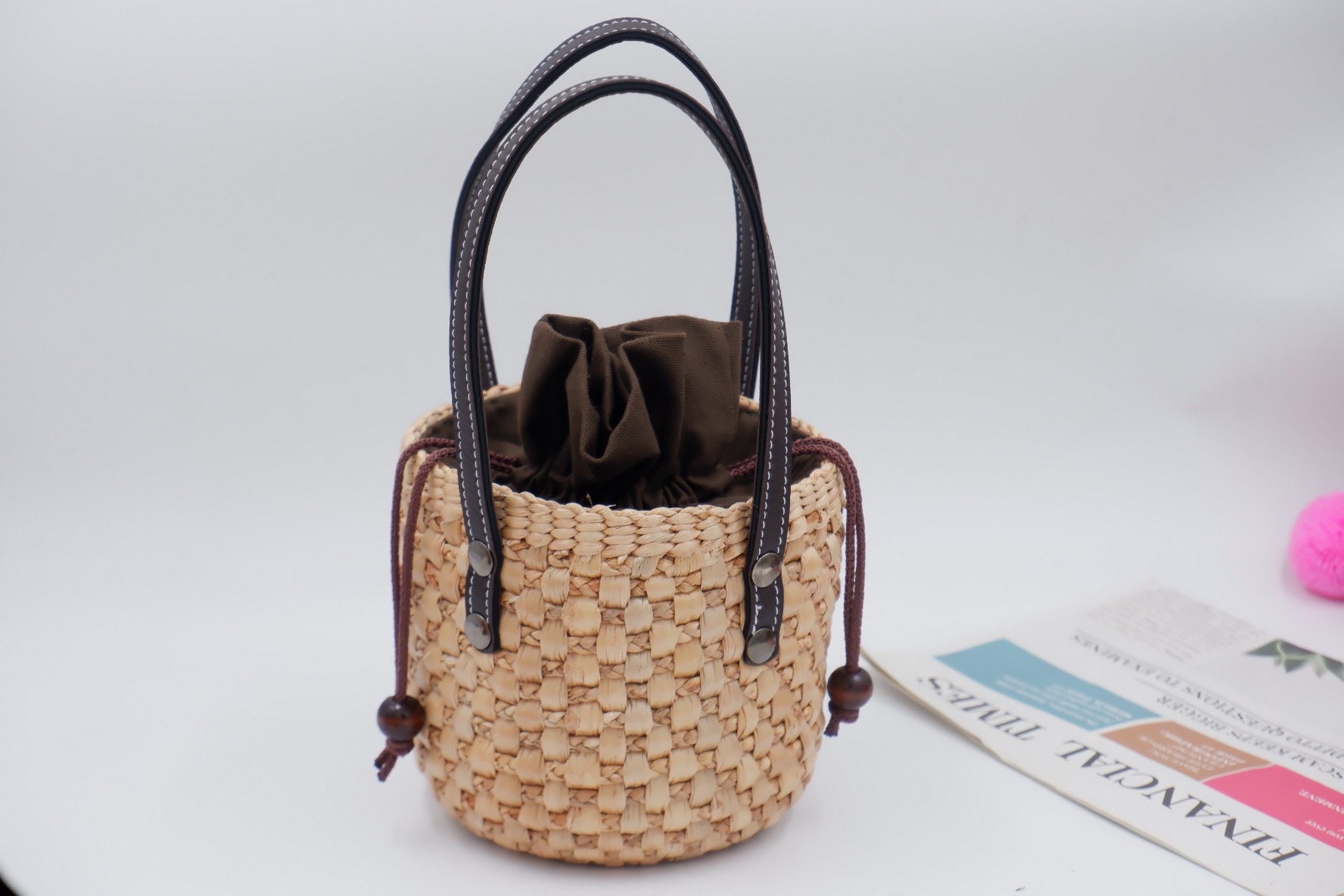 Water Hyacinth Bucket Bag: Straw Beach Bag With Leather Handle - Etsy