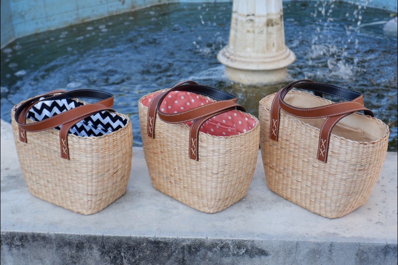 Woven Water Hyacinth Tote Bag With Leather Handles - Etsy