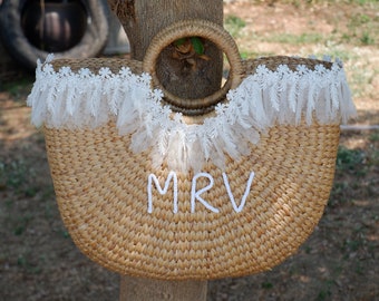 Personalized Bridesmaid Straw Tote Bag with White Trim