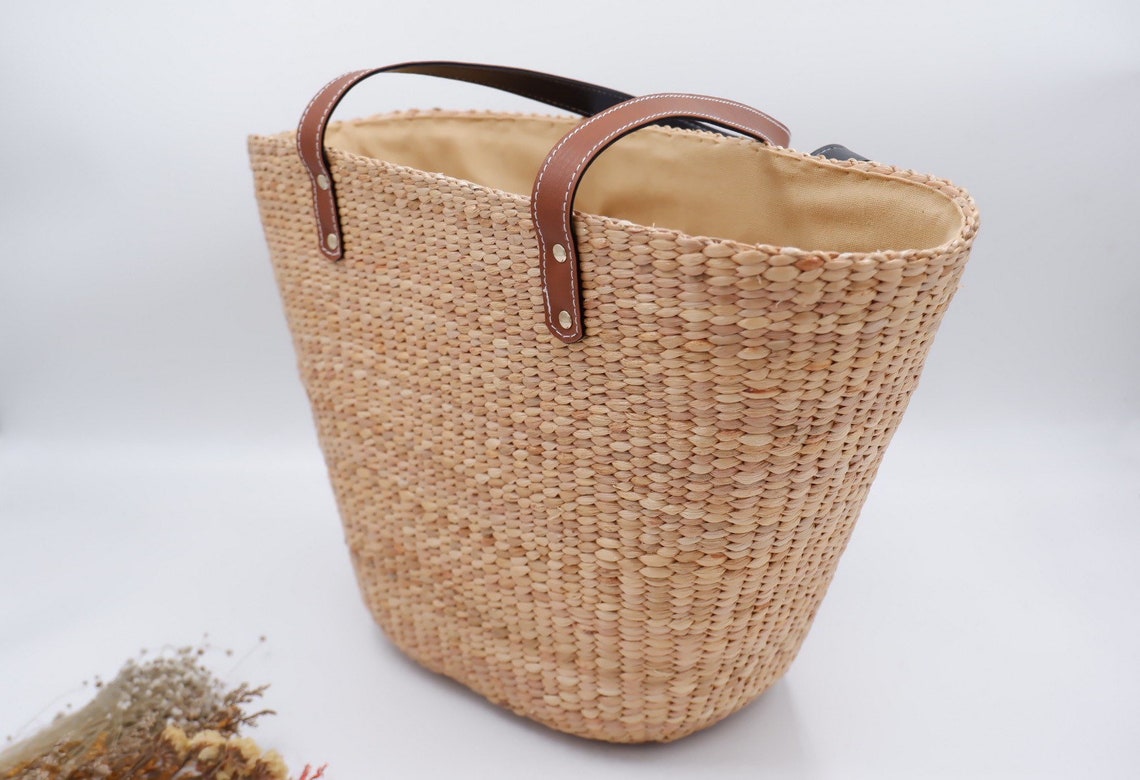 Woven Water Hyacinth Straw Bag: Leather Handle Tote - Etsy