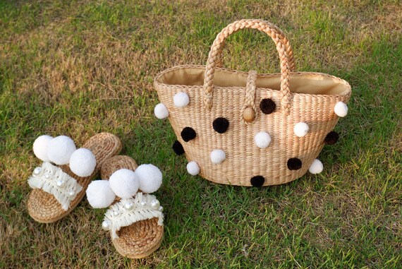 Handwoven Straw Beach Bag & Sandals Set: Pom Pom Accents - Etsy display picture 1