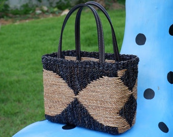 Boho Bag, Weaving Seagrass, Beach Bag, Straw Bag Leather Handle PU, Boho Straw Bag, Handmade Bag
