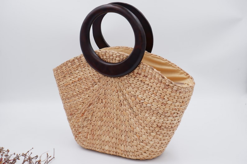 Strohkorb mit Holzgriff, Seegraskorb, Sommertasche, Strandtasche, Wasserhyazinthe Bild 1