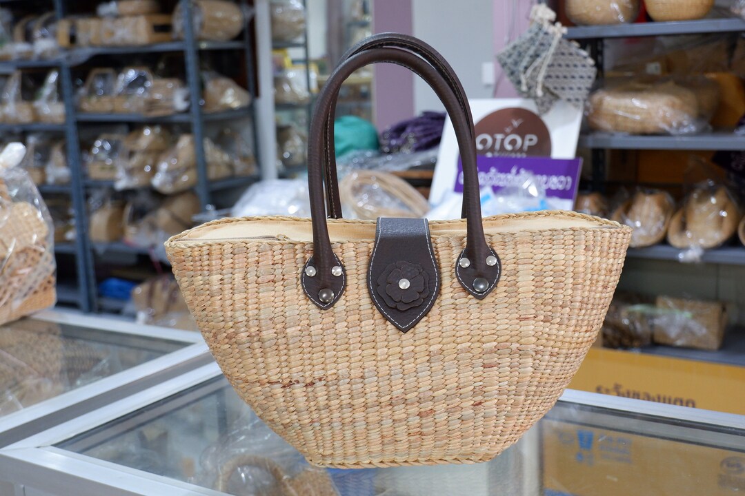 Handmade Water Hyacinth Straw Tote: Leather Handle Summer Bag - Etsy