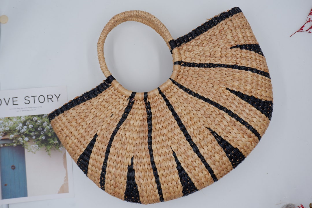 Striped Water Hyacinth Beach Bag: Handmade Wicker Tote - Etsy