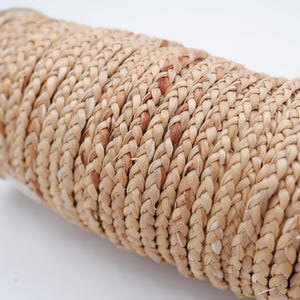May include: A close-up of a roll of natural, braided, beige raffia rope. The rope is made of woven fibers and has a natural, rustic look.