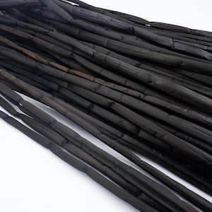 Könnte beinhalten: Ein Bündel schwarzer, dünner, flexibler Stäbe, möglicherweise aus Bambus oder Rattan, in Fächerform angeordnet. Die Stäbe sind oben gebündelt und unten ausgebreitet.