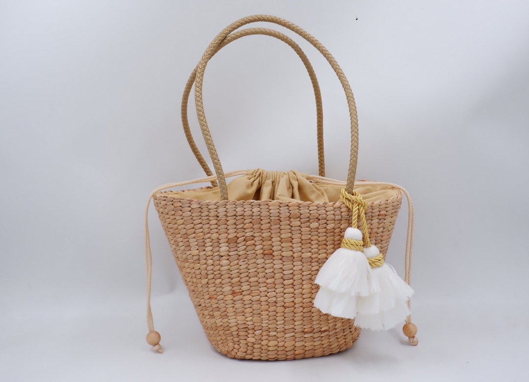 Handwoven Water Hyacinth Straw Bag: Beach Tote With Cream Lining - Etsy