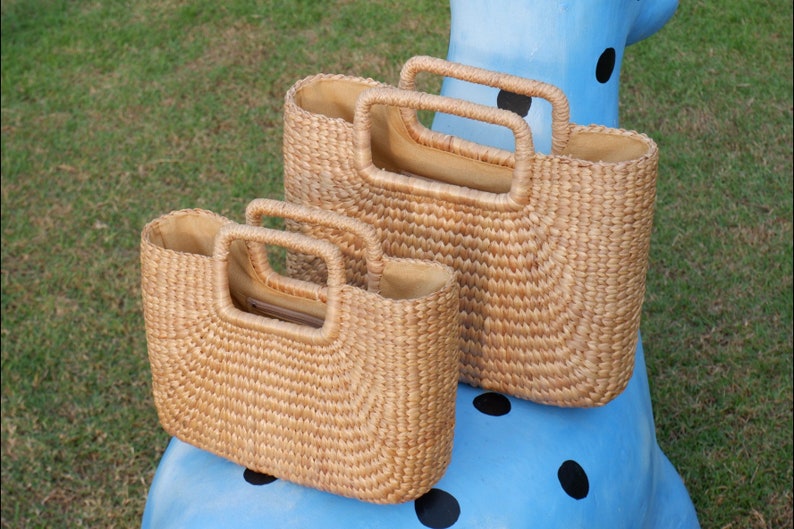 Handmade Water Hyacinth Straw Bag: Woven Top Handle Basket - Etsy
