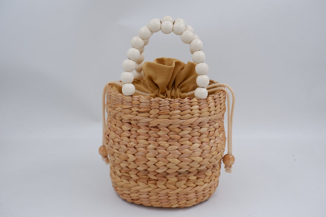 Handcrafted Water Hyacinth Bucket Bag: Beaded Handle Beach Tote - Etsy