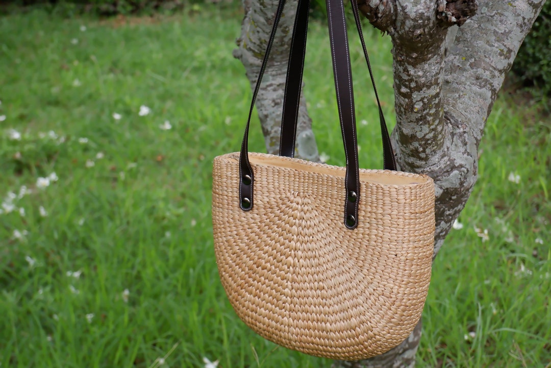 Handwoven Water Hyacinth Straw Tote Bag With Leather Straps - Etsy