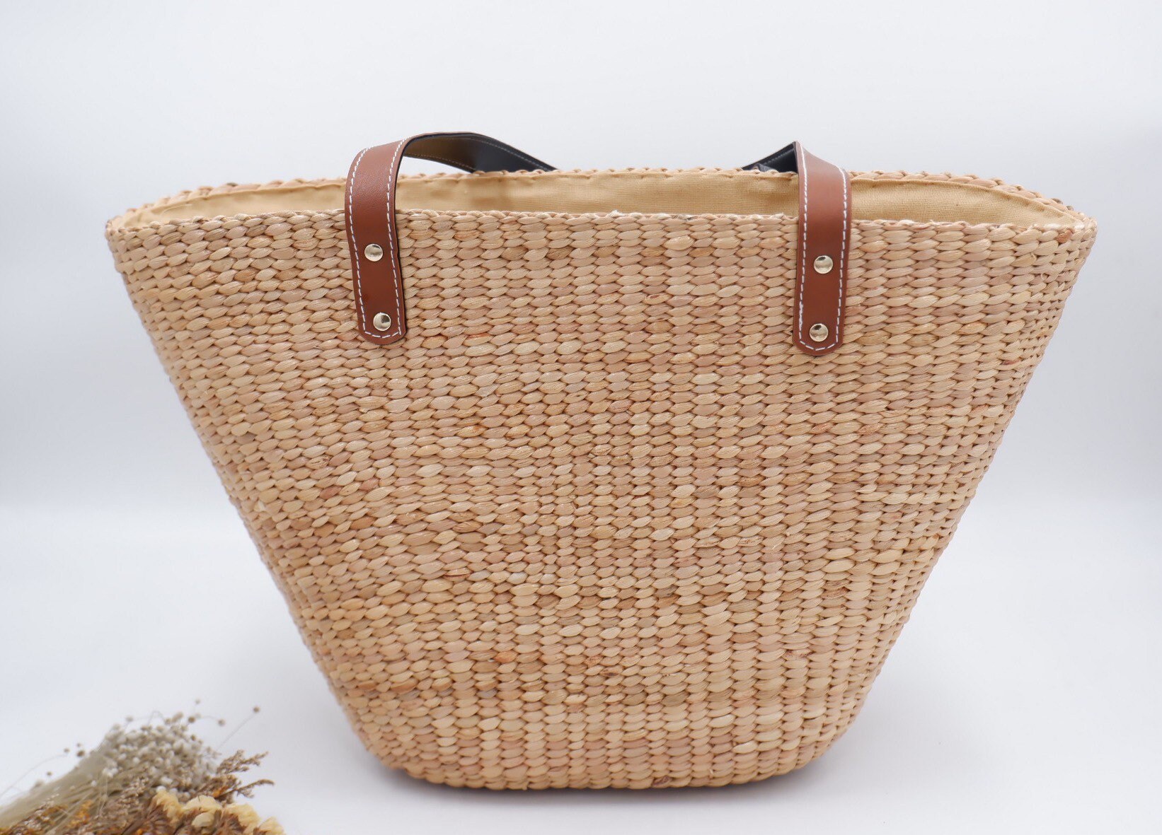 Woven Water Hyacinth Straw Bag: Leather Handle Tote - Etsy