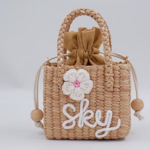 Personalized Straw Purse for Toddler Girls: Flower Accent