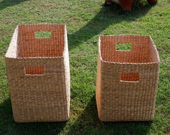 Cesto Portaoggetti Rettangolare In Giunco Di Giacinto D'Acqua Intrecciato A Mano - Con Manici In Legno, 31x18x12 Cm - Confezione Da 2
