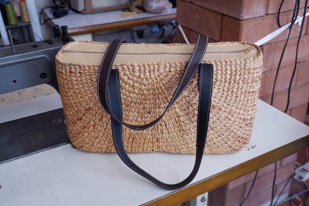 Woven Water Hyacinth Tote Bag: Straw Beach Bag With Leather Straps - Etsy