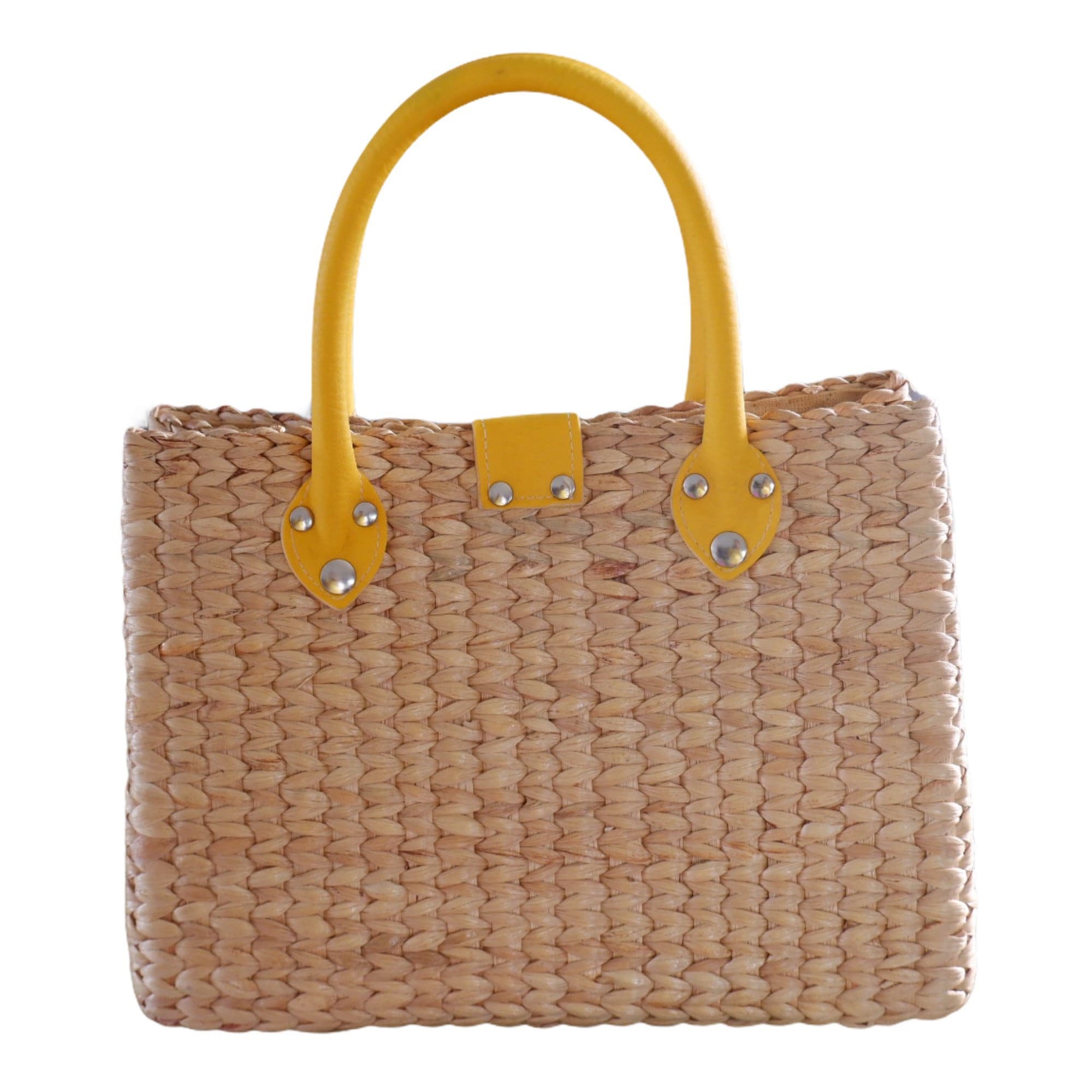 Woven Water Hyacinth Bag: Yellow Leather Handbag, Summer Straw Tote - Etsy