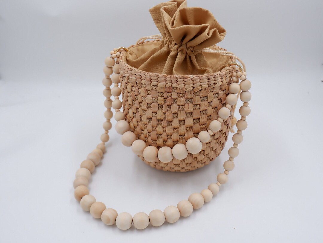 Handmade Water Hyacinth Bucket Bag: Wooden Beaded Handle - Etsy