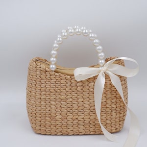 Bridal Pearl handbag, Bride Pearl, mrs bag, wicker pearl purse, wicker pearl handbag, Pearl bag, Water hyacinth basket, Seagrass basket image 1