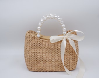 Bridal Pearl handbag, Bride Pearl, mrs bag, wicker pearl purse, wicker pearl handbag, Pearl bag, Water hyacinth basket, Seagrass basket