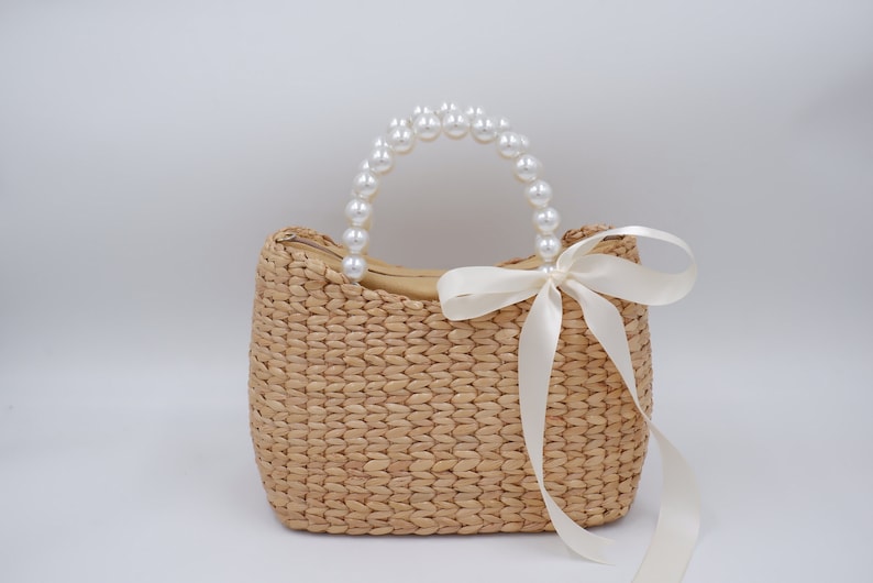 Bridal Pearl handbag, Bride Pearl, mrs bag, wicker pearl purse, wicker pearl handbag, Pearl bag, Water hyacinth basket, Seagrass basket image 1