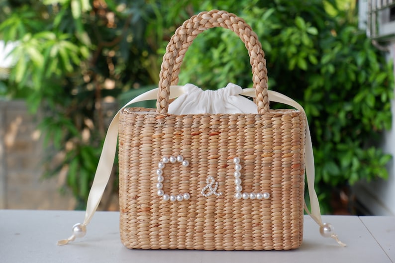Personalized Bride Pearl Straw Shoulder Bag Personalized With Etsy