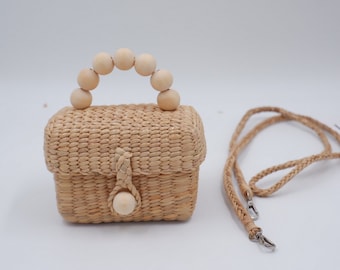 Handwoven Kids Straw Purse: Mini Crossbody Bag with Wood Beads