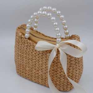 Bridal Pearl handbag, Bride Pearl, mrs bag, wicker pearl purse, wicker pearl handbag, Pearl bag, Water hyacinth basket, Seagrass basket image 4