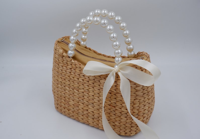 Bridal Pearl handbag, Bride Pearl, mrs bag, wicker pearl purse, wicker pearl handbag, Pearl bag, Water hyacinth basket, Seagrass basket image 4