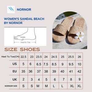 May include: Size chart for women's sandals. The chart shows the corresponding US, EU, UK, and NORNOR sizes for heel-to-toe measurements in centimeters. The chart ranges from 22.5 cm to 26 cm.