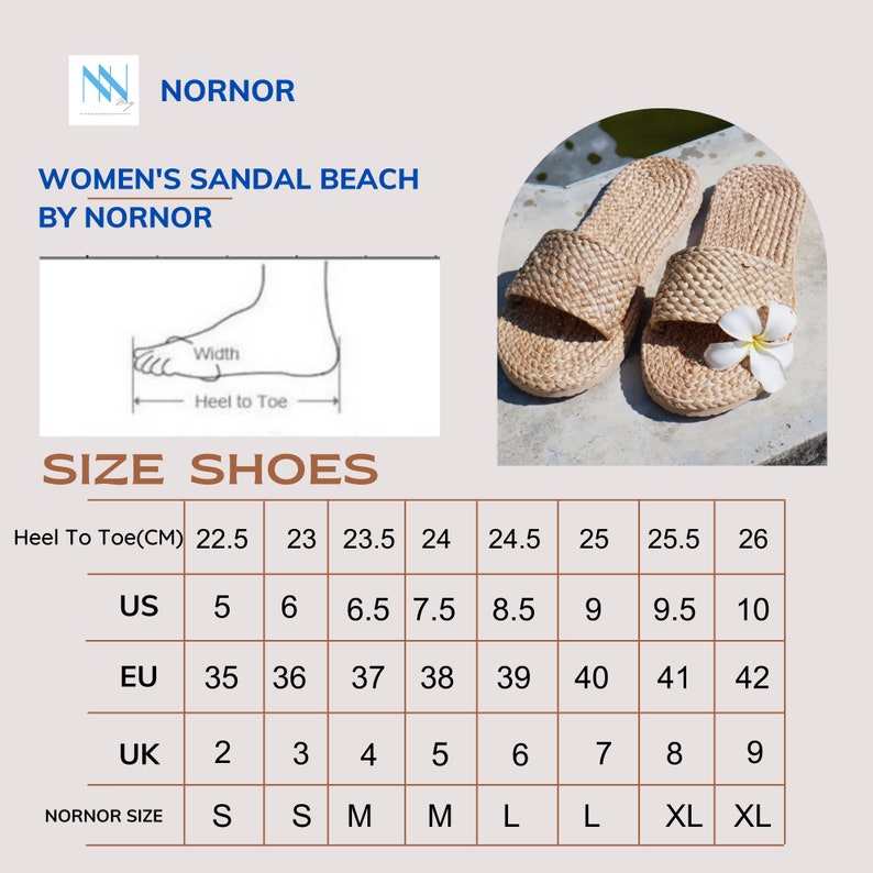 May include: Size chart for women's sandals. The chart shows the corresponding US, EU, UK, and NORNOR sizes for heel-to-toe measurements in centimeters. The chart ranges from 22.5 cm to 26 cm.