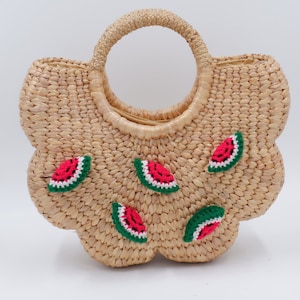 Mittel) Blumentasche und Wassermelonenwasserhyazinthekorb, Strohkorb, Sommertasche, Strohtaschen für Frauen, Strandtasche
