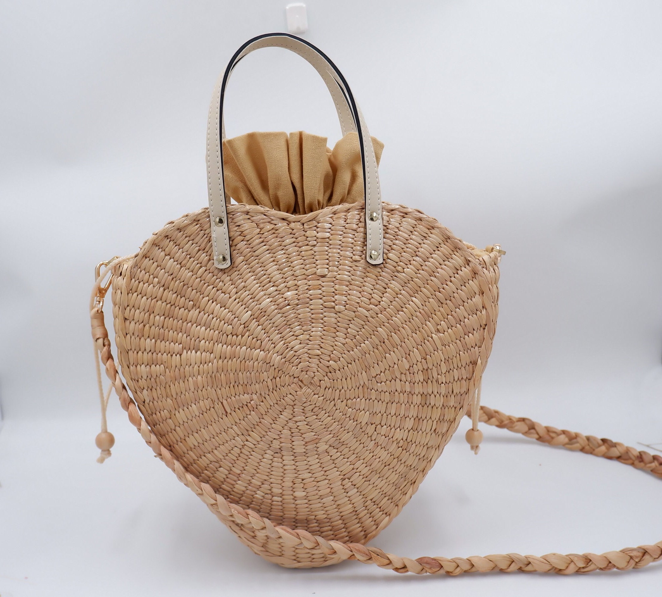 Handmade Heart Woven Bag: Water Hyacinth Straw Bag With Leather Handles ...