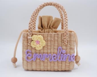 Personalized Straw Girl Purse: Embroidered Name, Toddler Bag