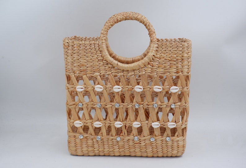 Handwoven Water Hyacinth Straw Bag: Shell & Rhinestone Beach Tote - Etsy