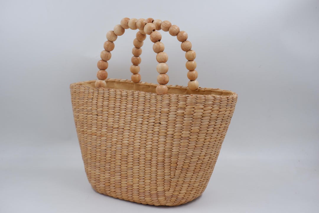Handcrafted Water Hyacinth Straw Bag: Beaded Handle Woven Tote - Etsy