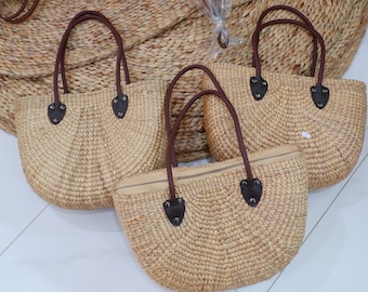 XL Water Hyacinth Straw Tote Bag: Woven Beach Bag with Zipper