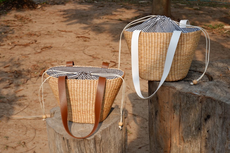 Handwoven Water Hyacinth Straw Bag: Leather Handle Beach Tote - Etsy