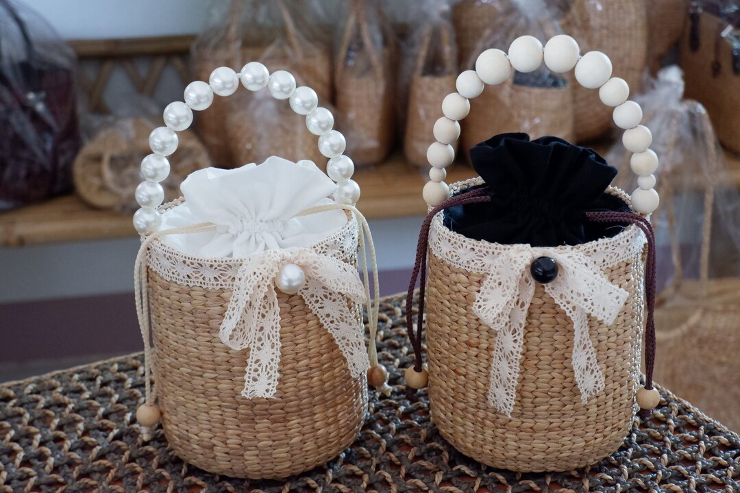 Handwoven Water Hyacinth Bucket Bag: Pearl Handle Straw Wrist Bag - Etsy